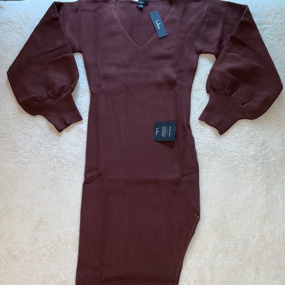 Lulus Autumn Darling Chocolate Brown Balloon Sleeve Midi Knit Sweater Dress - Picture 2 of 9